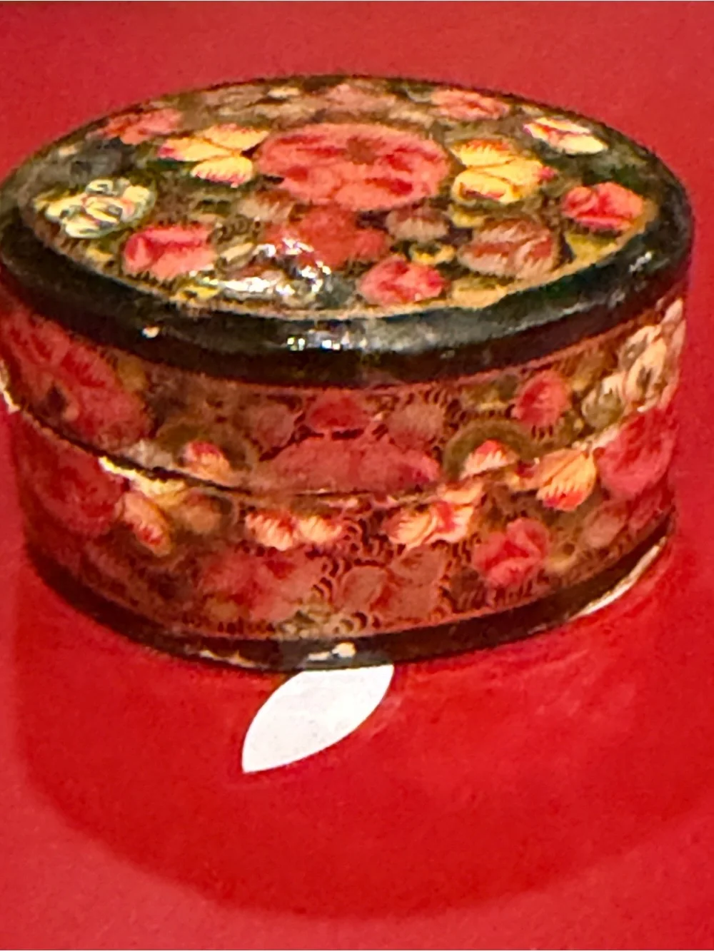 Hand-Painted Floral Round Trinket Box - Red and Gold Floral Design from India.